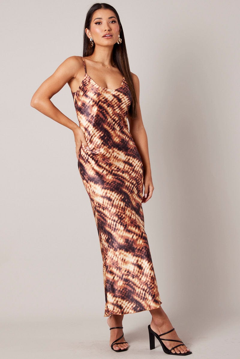 Brown Abstract Maxi Dress Strappy | Ally Fashion Brown Abstract Maxi Dress Strappy | Ally Fashion