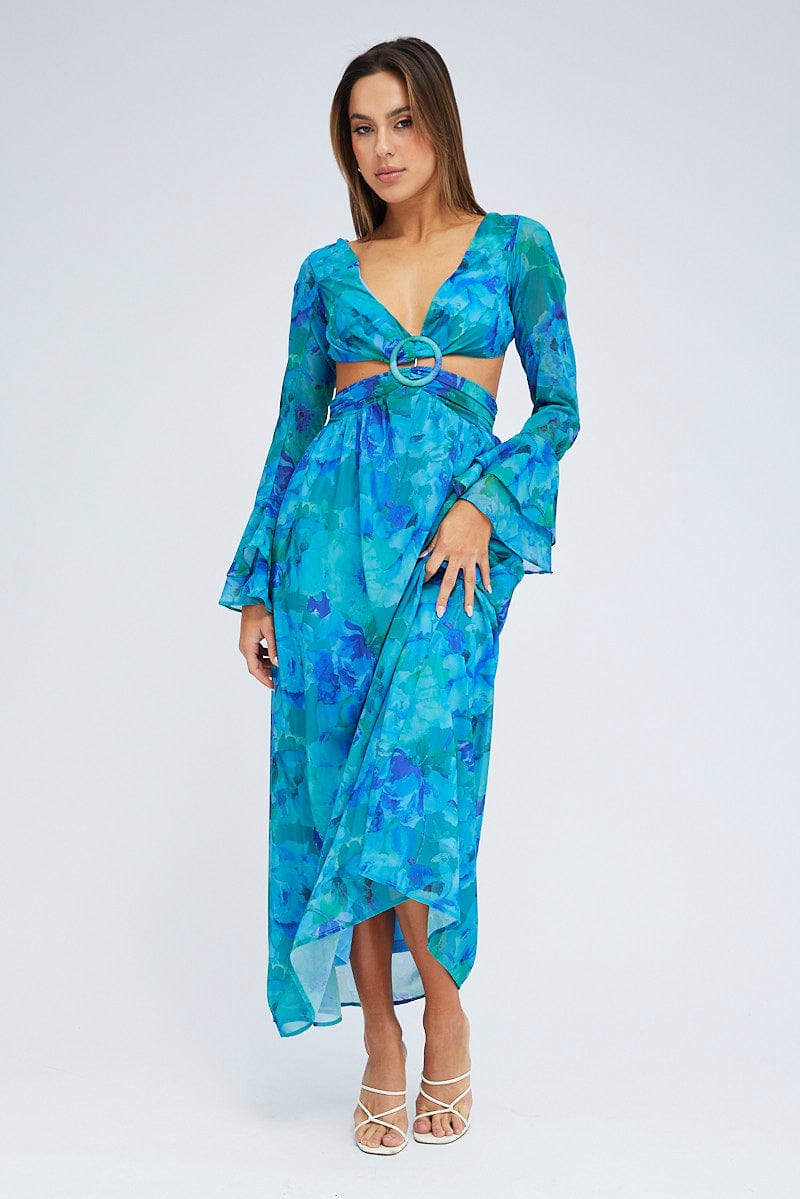 Blue Floral Maxi Dress Flared Sleeve Ring Detail Chiffon | Ally Fashion Blue Floral Maxi Dress Flared Sleeve Ring Detail Chiffon | Ally Fashion