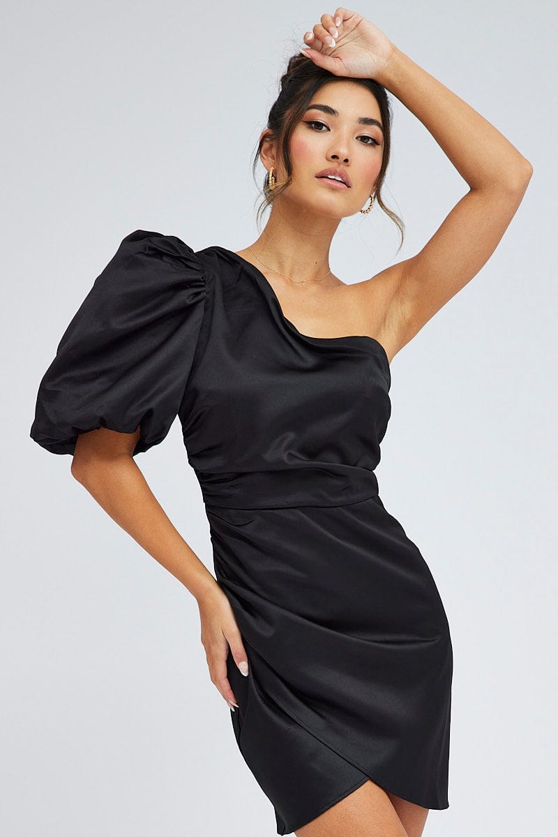 Black One Shoulder Puff Sleeve Statement Dress Ally Fashion
