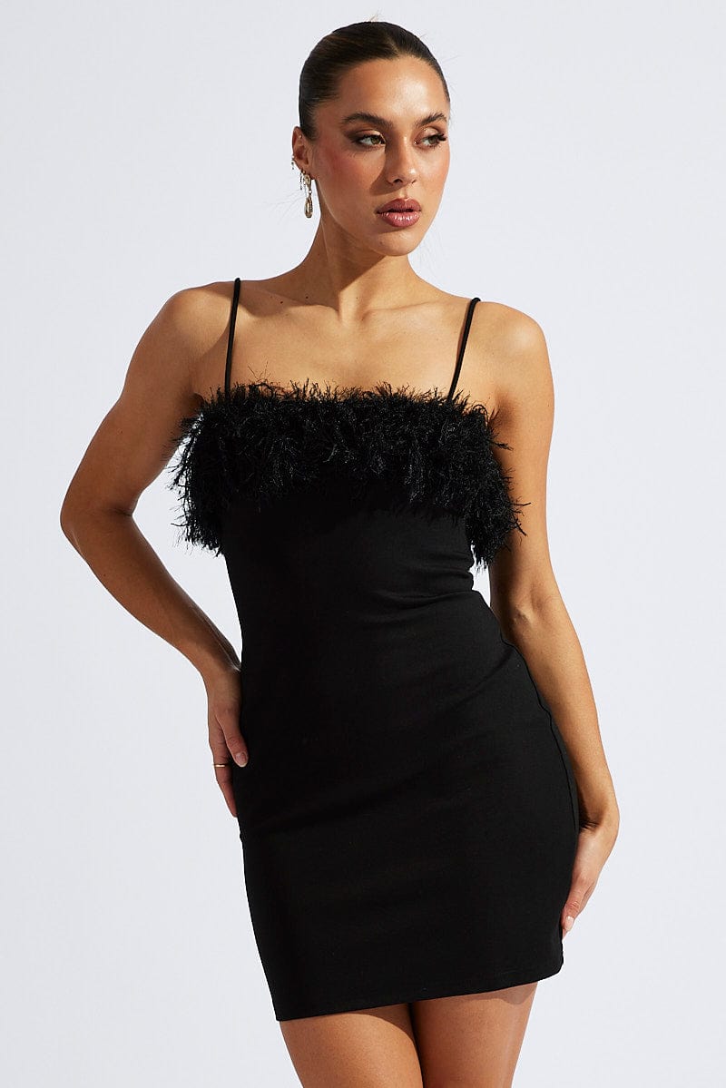 Black Faux Feather Trim Bodycon Strappy Mini Dress Ally Fashion