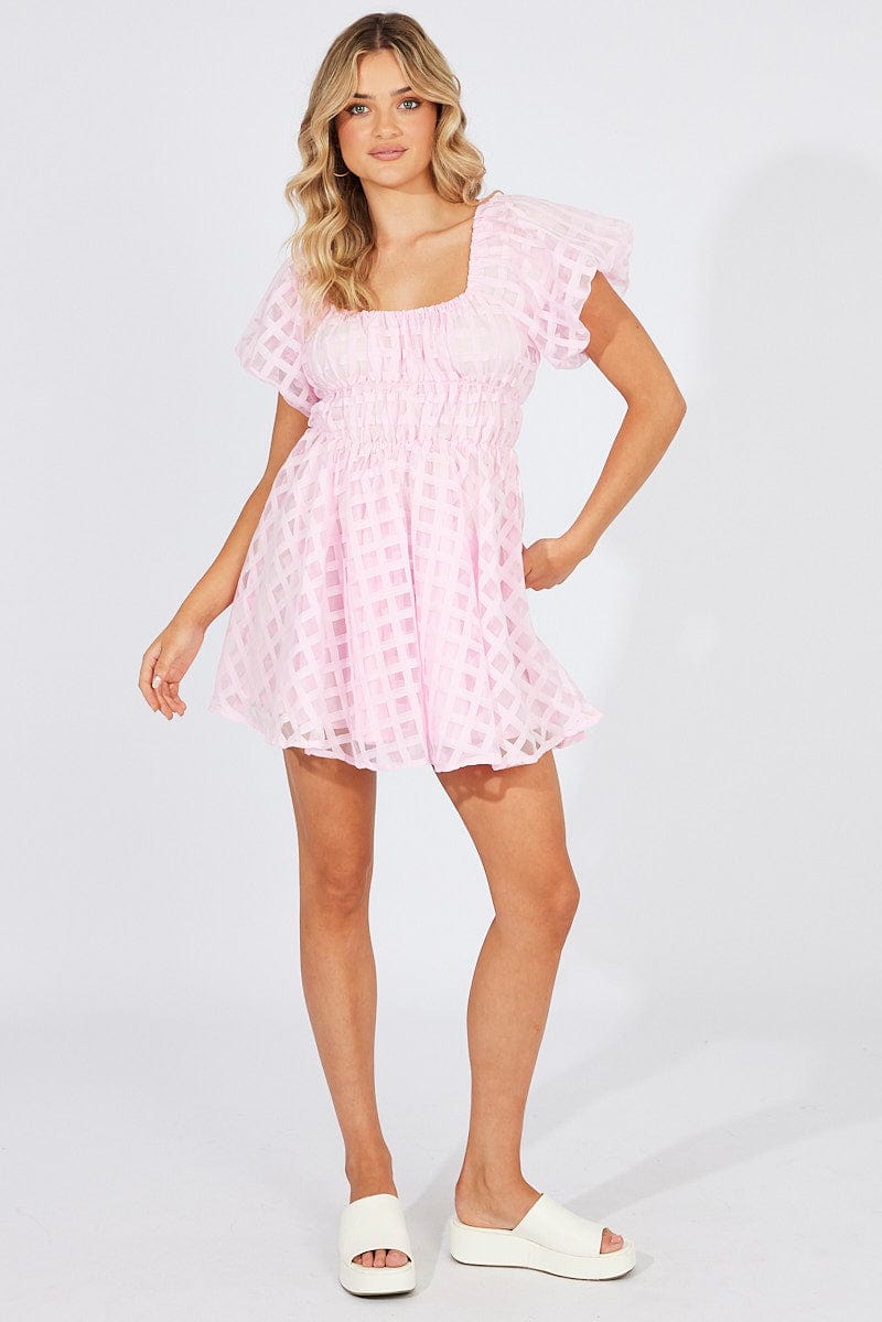 Pink Fit And Flare Dress Puff Sleeve Mini | Ally Fashion Pink Fit And Flare Dress Puff Sleeve Mini | Ally Fashion