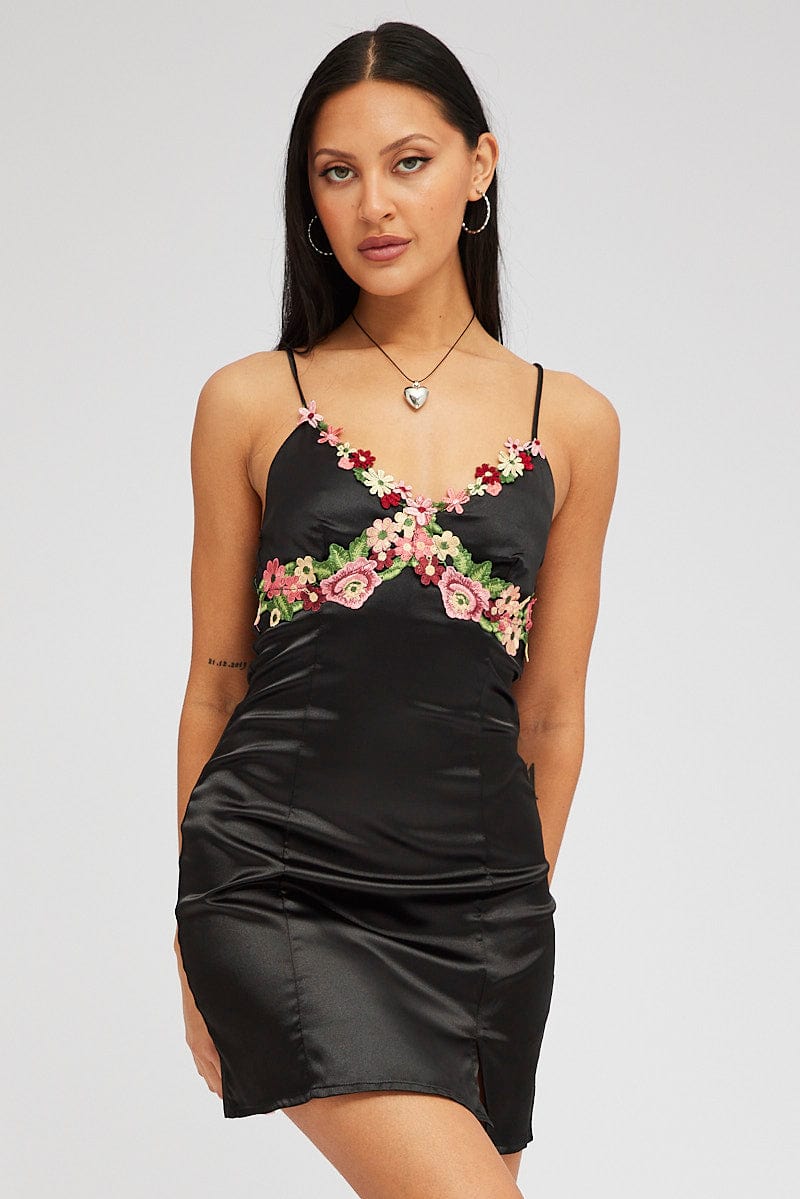 black slip dresses Black Slip Dress Satin Flower Embroidery Applique