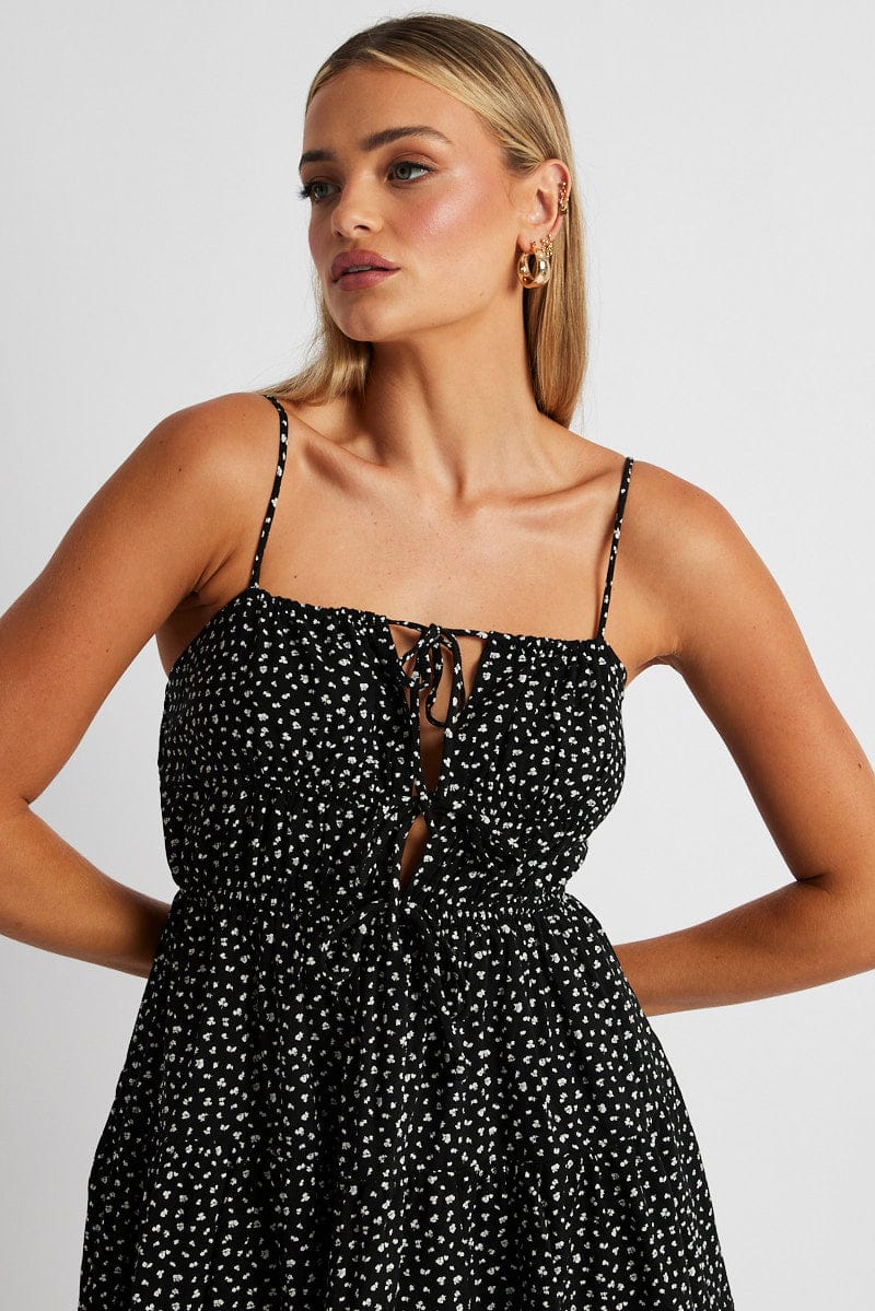 Black Ditsy Fit And Flare Dress Strappy | Ally Fashion Black Ditsy Fit And Flare Dress Strappy | Ally Fashion
