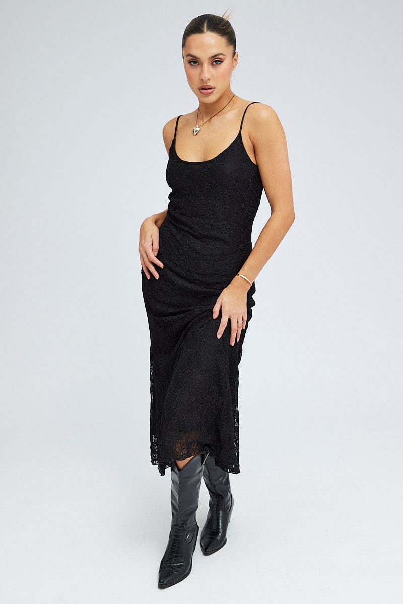 Black Maxi Dress Sleeveless Scoop Neck Flare Hem Lace Ally Fashion