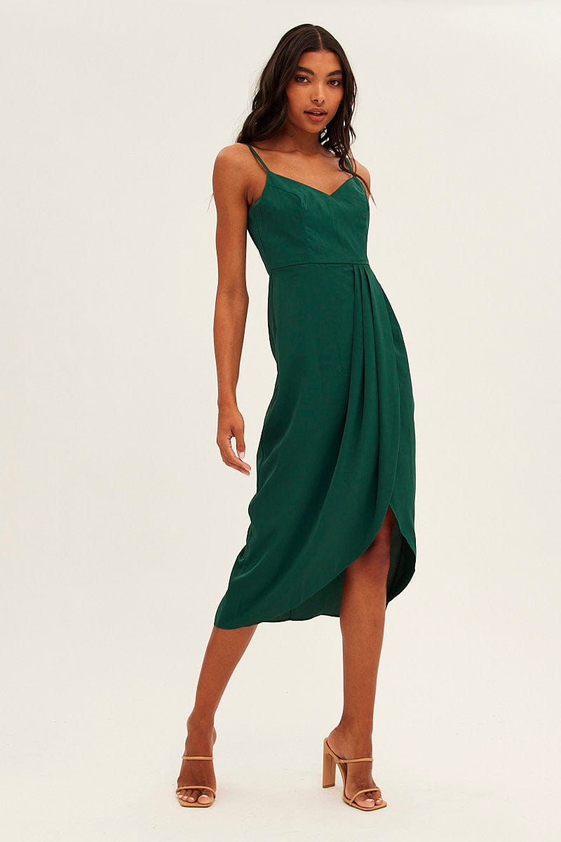The Solid Sleeveless Wrap Midi Dress - Women's V Neck Summer Wrap Midi  Dresses - Army Green- Dresses