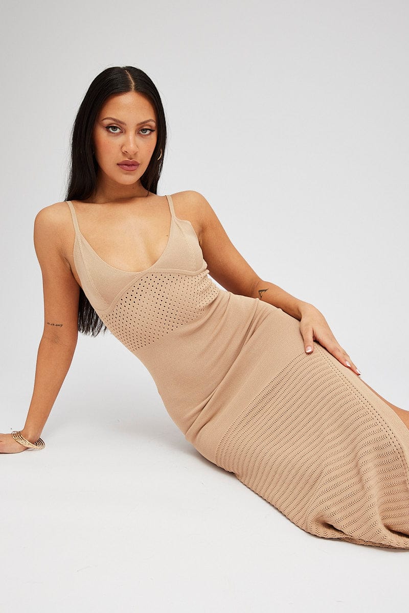 Beige Knit Dress Sleeveless V Neck Midi Mixed Crochet | Ally Fashion Beige Knit Dress Sleeveless V Neck Midi Mixed Crochet | Ally Fashion