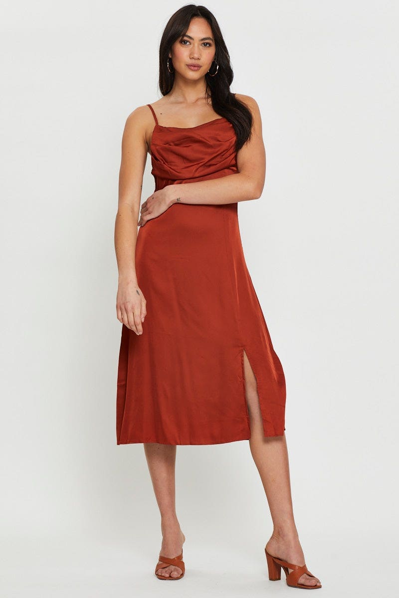Women's Brown Slip Dress Midi Ally Fashion1