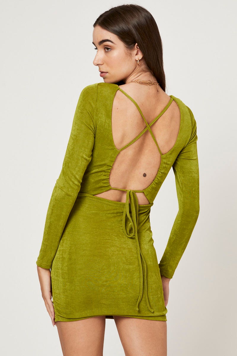 Women's Green Strappy Tie Back Ruched Slinky Jersey Bodycon Dress | Ally Fashion Women's Green Strappy Tie Back Ruched Slinky Jersey Bodycon Dress | Ally Fashion