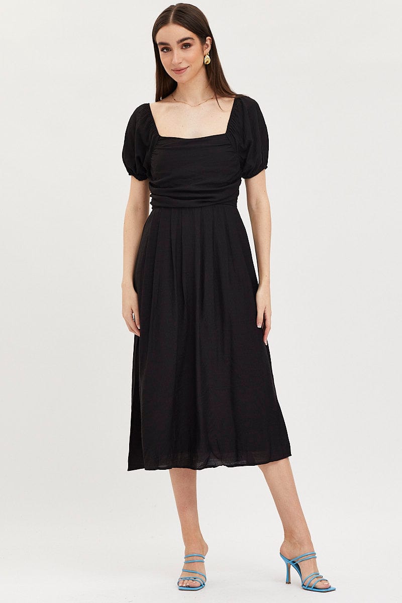 Black Midi Dress Evening Square Neck