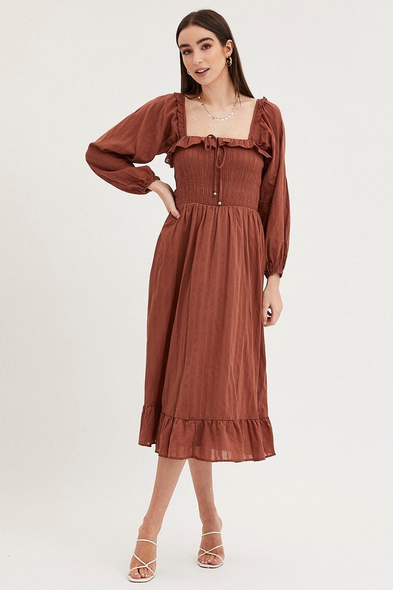 Women's Brown Midi Dress Long Sleeve Evening Ally Fashion