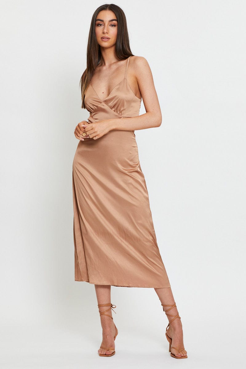 Women's Brown Midi Dress Satin | Ally Fashion Women's Brown Midi Dress Satin | Ally Fashion
