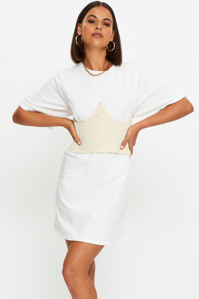 Women's White Knitted Corset Belt And T Shirt Dress | Ally Fashion Women's White Knitted Corset Belt And T Shirt Dress | Ally Fashion