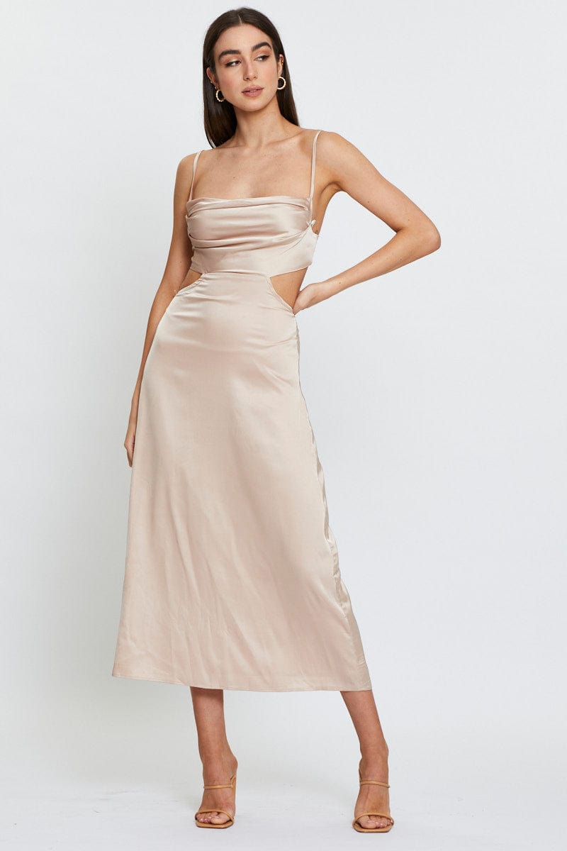 Women's Beige Midi Dress Satin Ally Fashion - Main Image