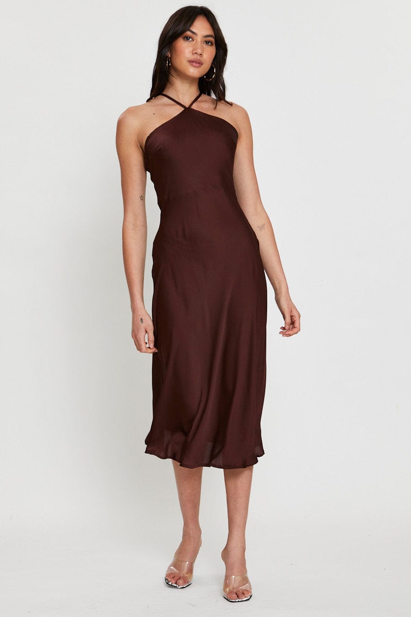 Women's Brown Slip Dress Halter Neck