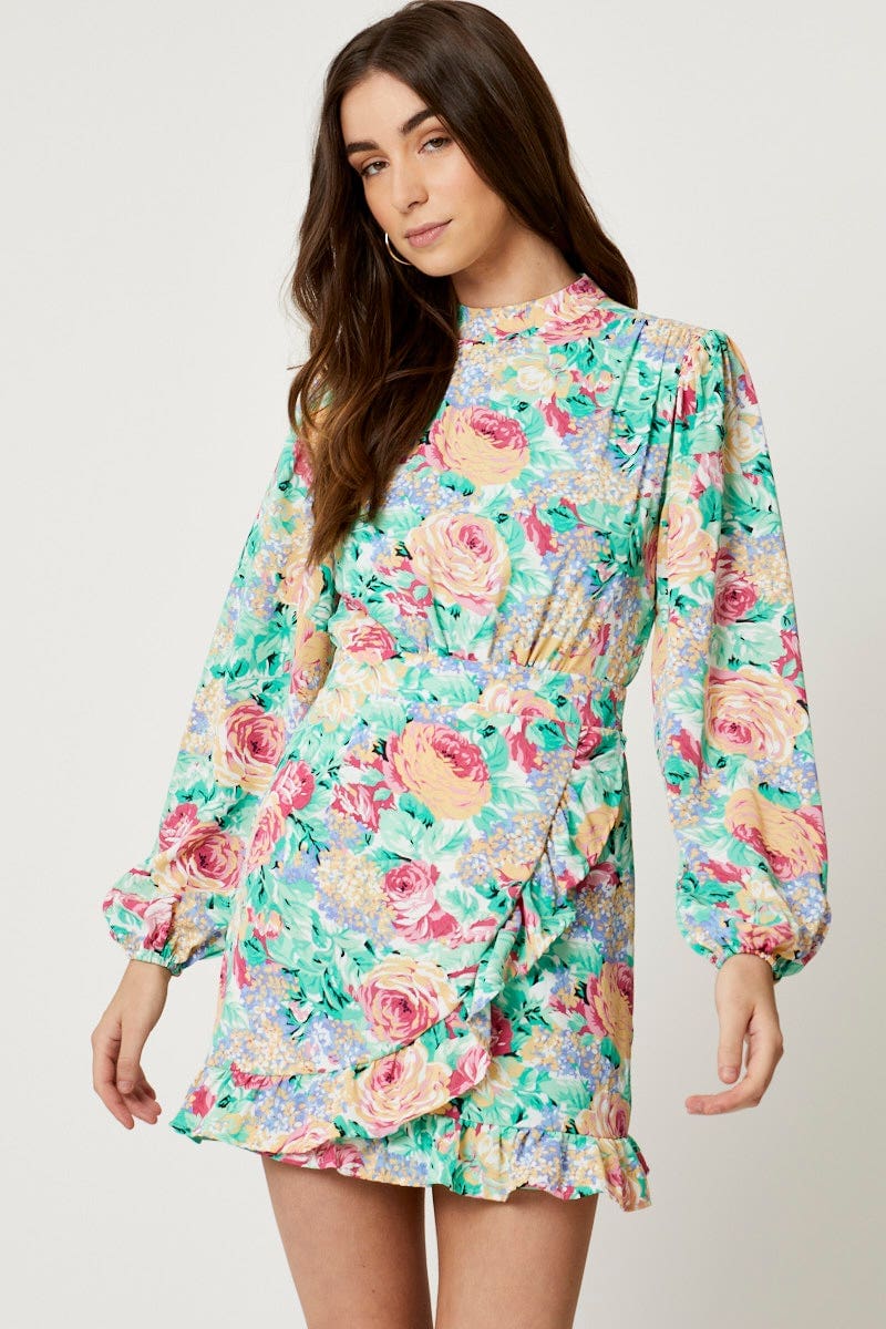 Women's Print High Neck Wrap Skirt Dress Women's Print High Neck Wrap Skirt Dress
