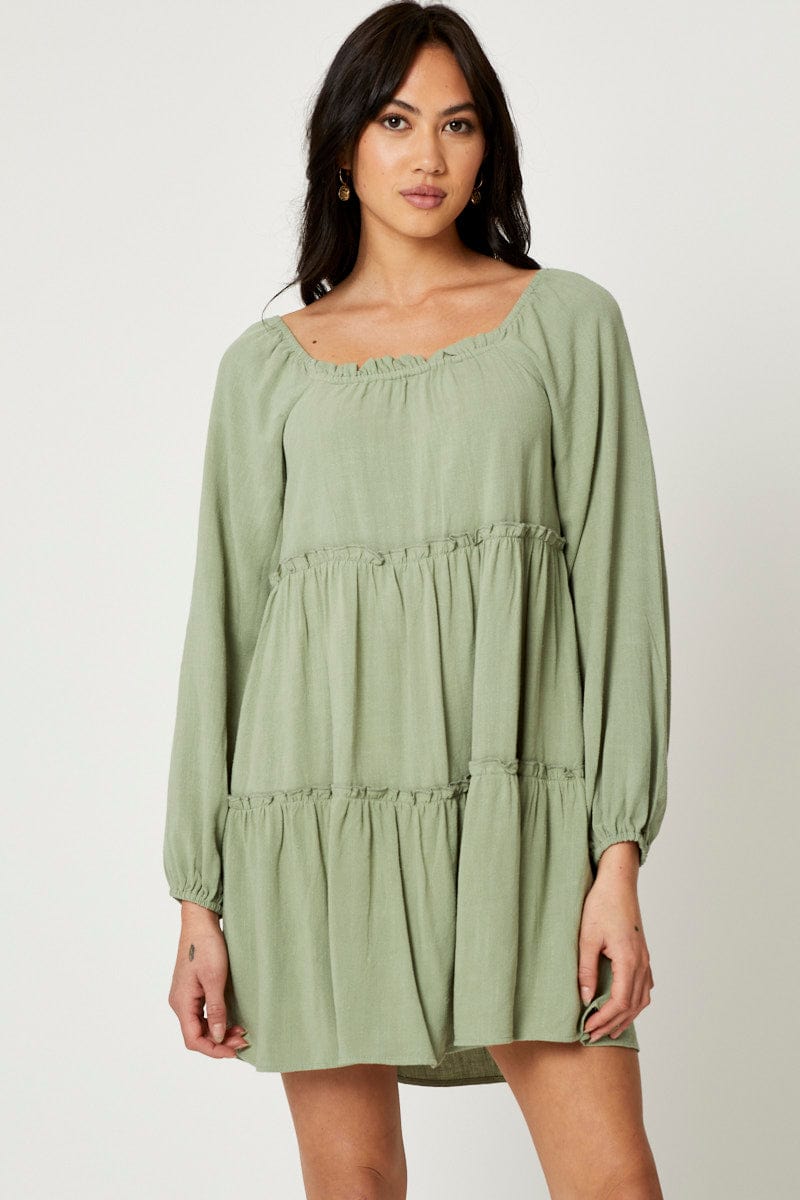 Women's Green Mini Dress Long Sleeve Square Neck | Ally Fashion Women's Green Mini Dress Long Sleeve Square Neck | Ally Fashion