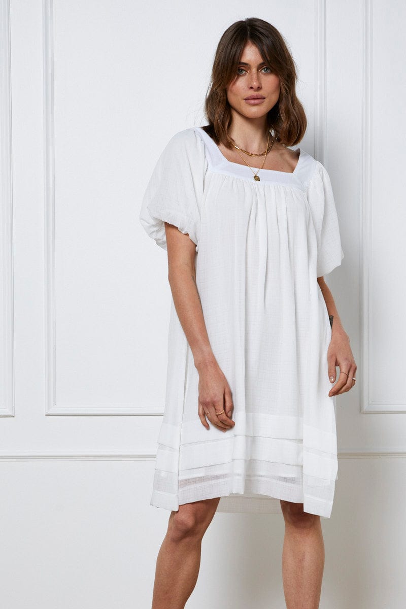 Women's White A Line Dress Short Sleeve Round Neck | Ally Fashion Women's White A Line Dress Short Sleeve Round Neck | Ally Fashion