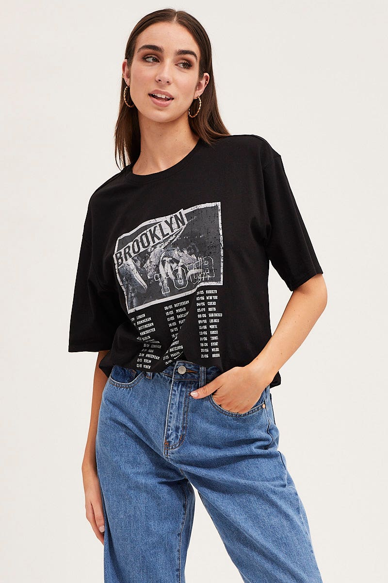 Women's Black Crew Neck Oversized Graphic T-Shirt Ally Fashion