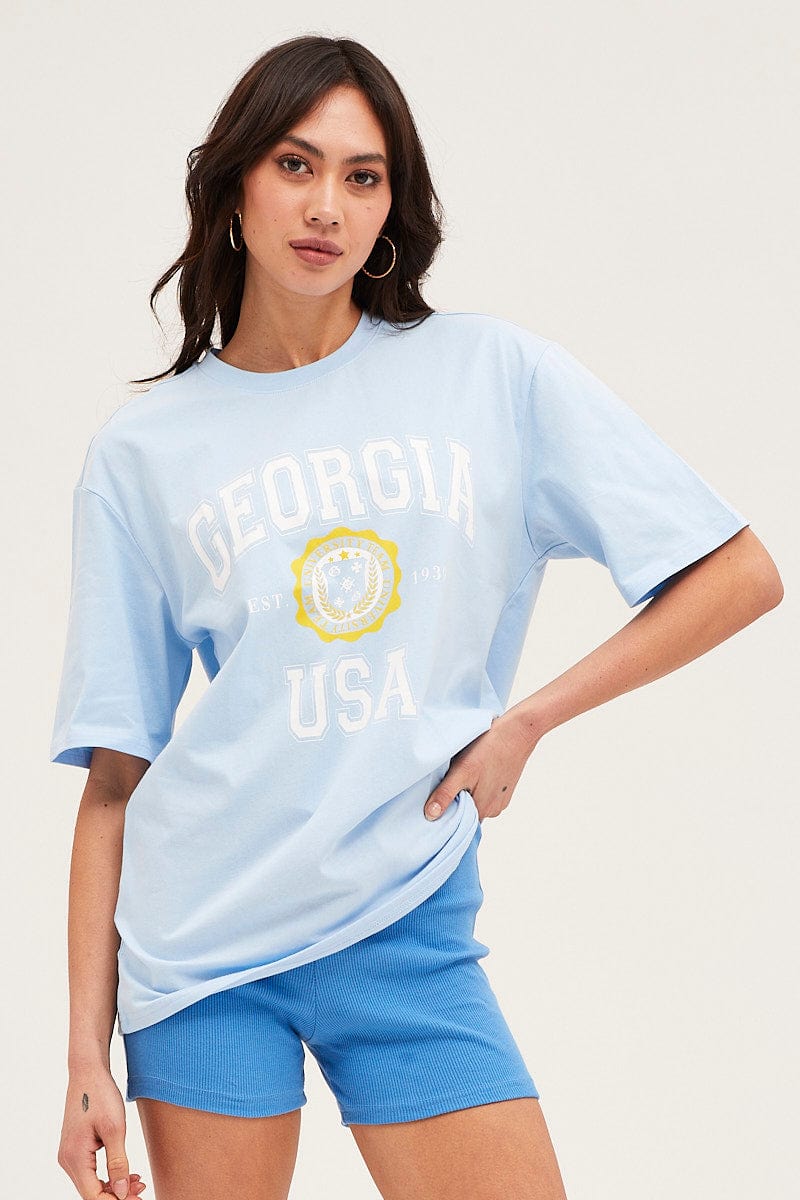 Womenâs Blue Short Sleeve Graphic Tee | Ally Fashion