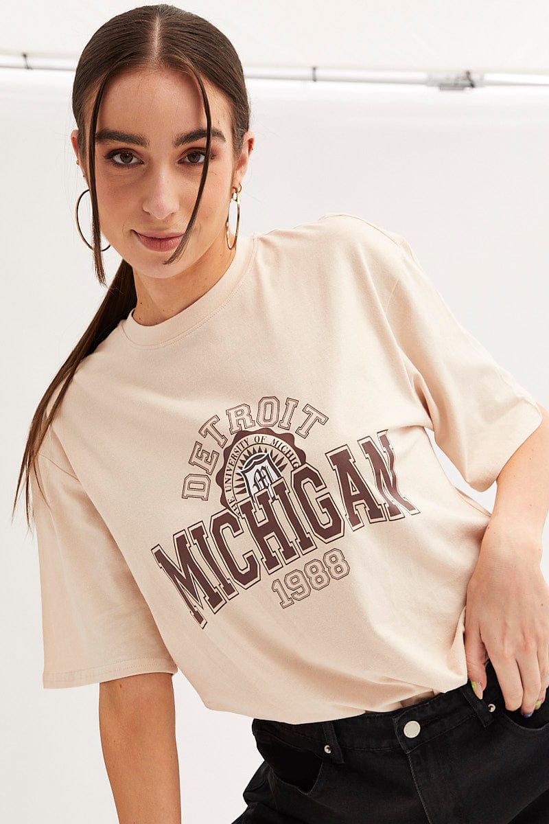 Beige Michigan Graphic T Shirt Short Sleeve Crew Neck
