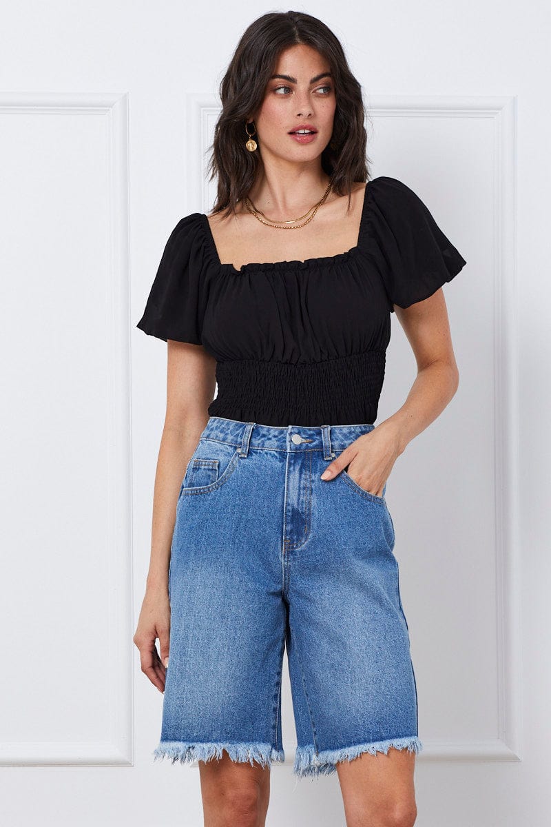 Women's Blue Knee Length Denim Shorts High Rise Ally Fashion