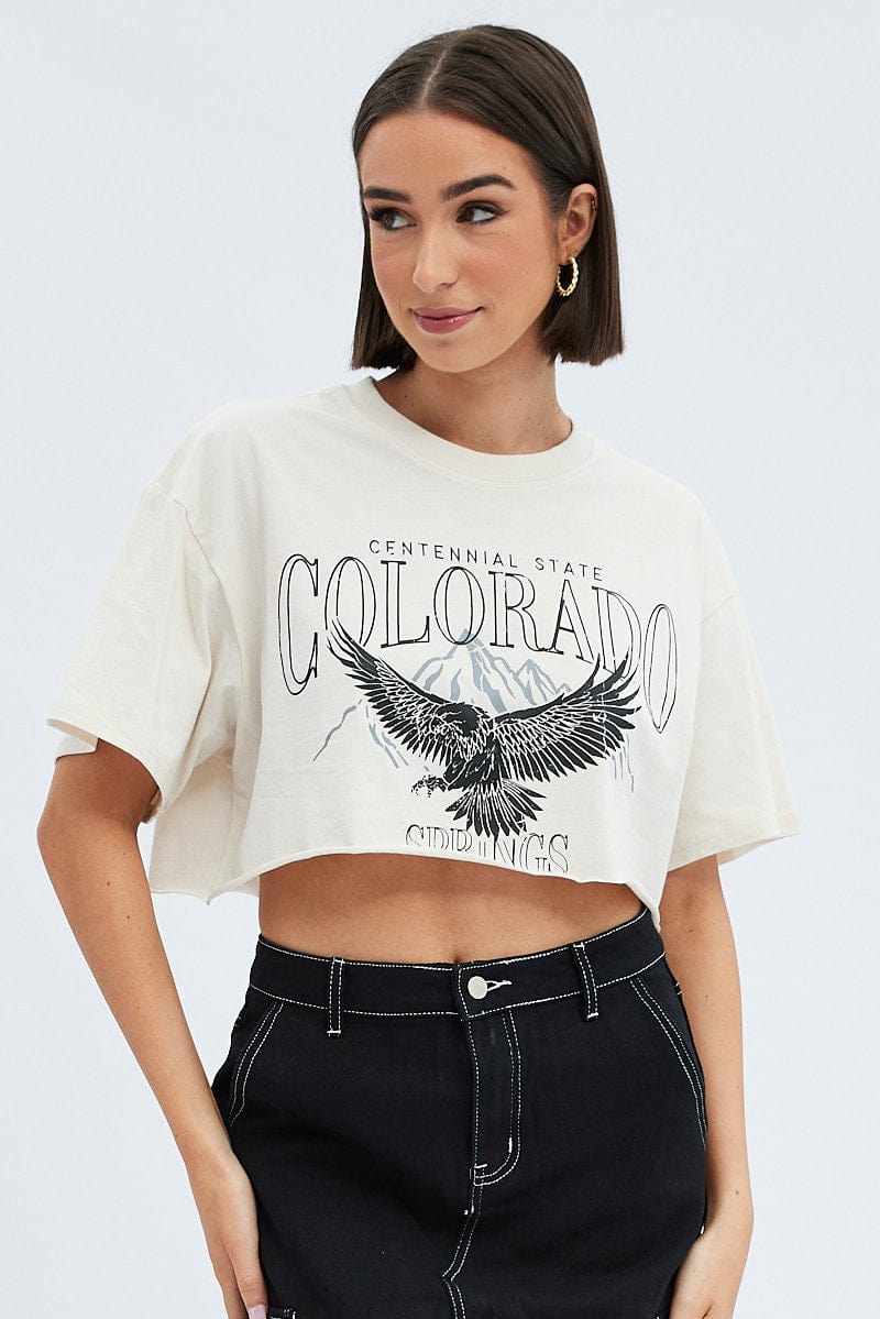 Women's Beige Crop T Shirt Short Sleeve Crew Neck Ally Fashion