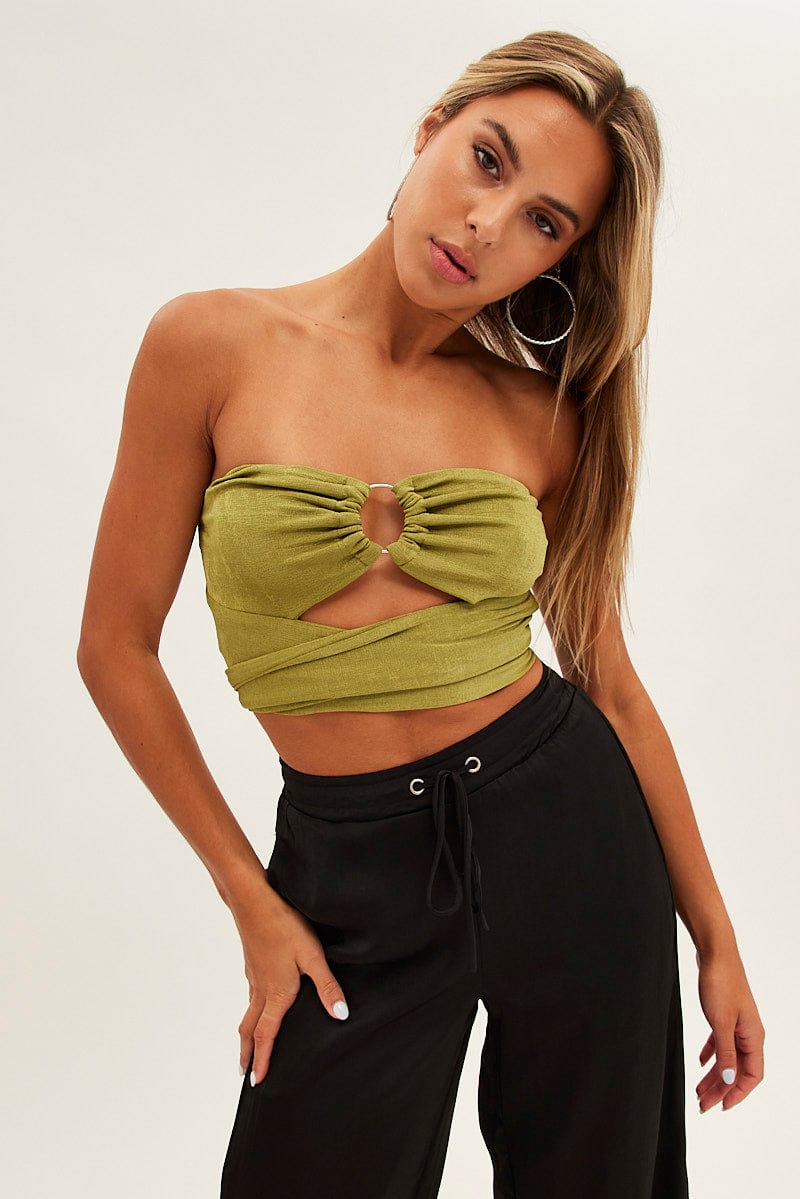 Green Ring Detail Strapless Crop Top Ally Fashion