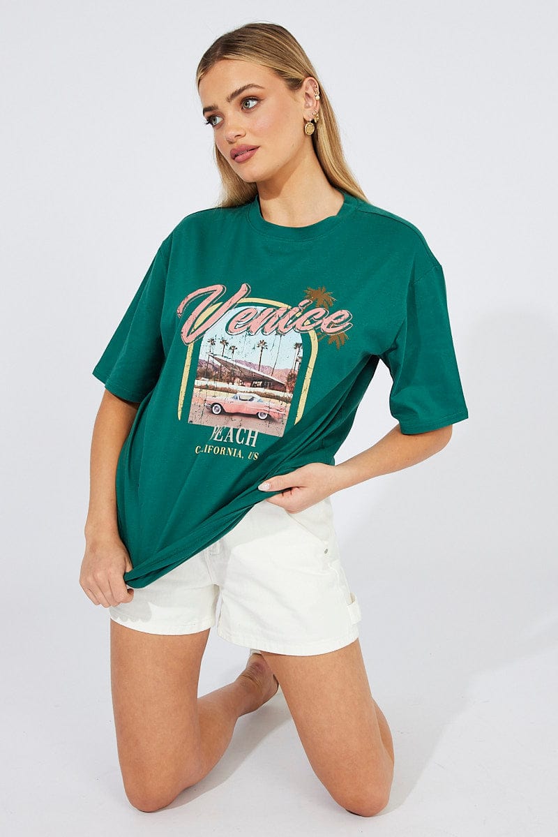 Green T Shirt Short Sleeve Crew Neck Venice Beach Cotton | Ally 