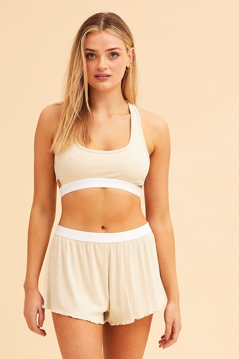 Beige High Waisted Zip Up Ribbed Knit Shorts and Crop Top – Mystique-Online