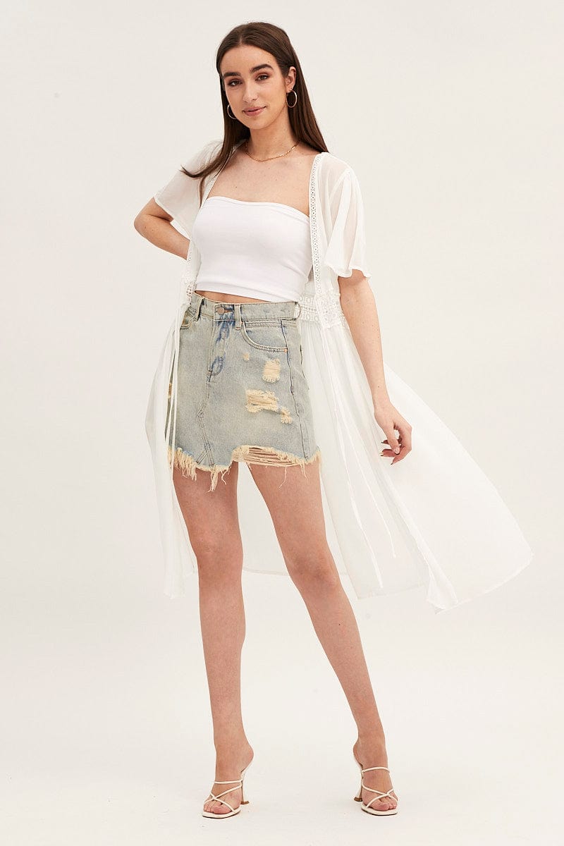 White Short Sleeve Eyelet Tie Front Kimono Ally Fashion