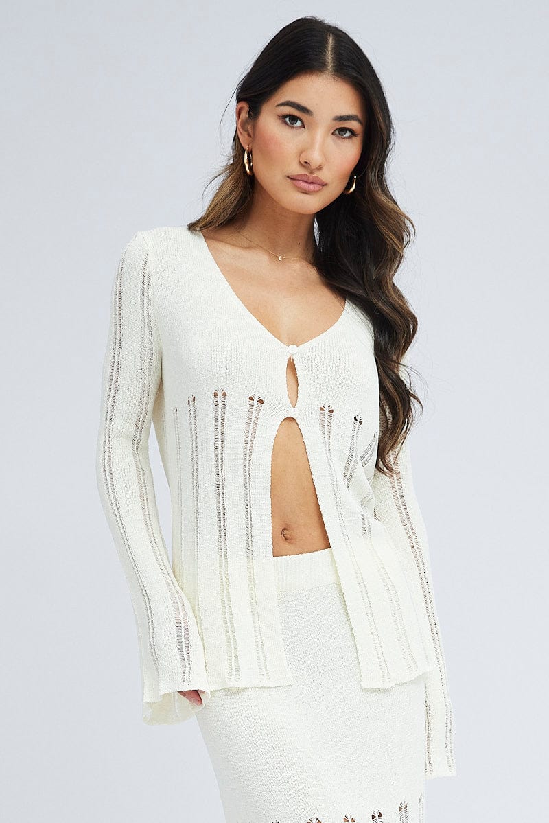 White Cardigan Long Sleeve V Neck Button Ladder Knitted Ally Fashion