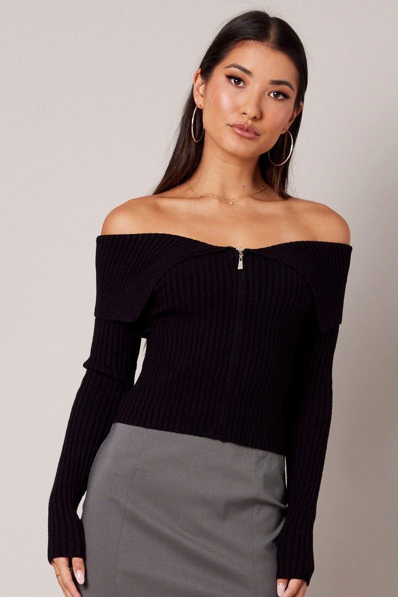 Black Off Shoulder Knit Top Long Sleeve Ally Fashion