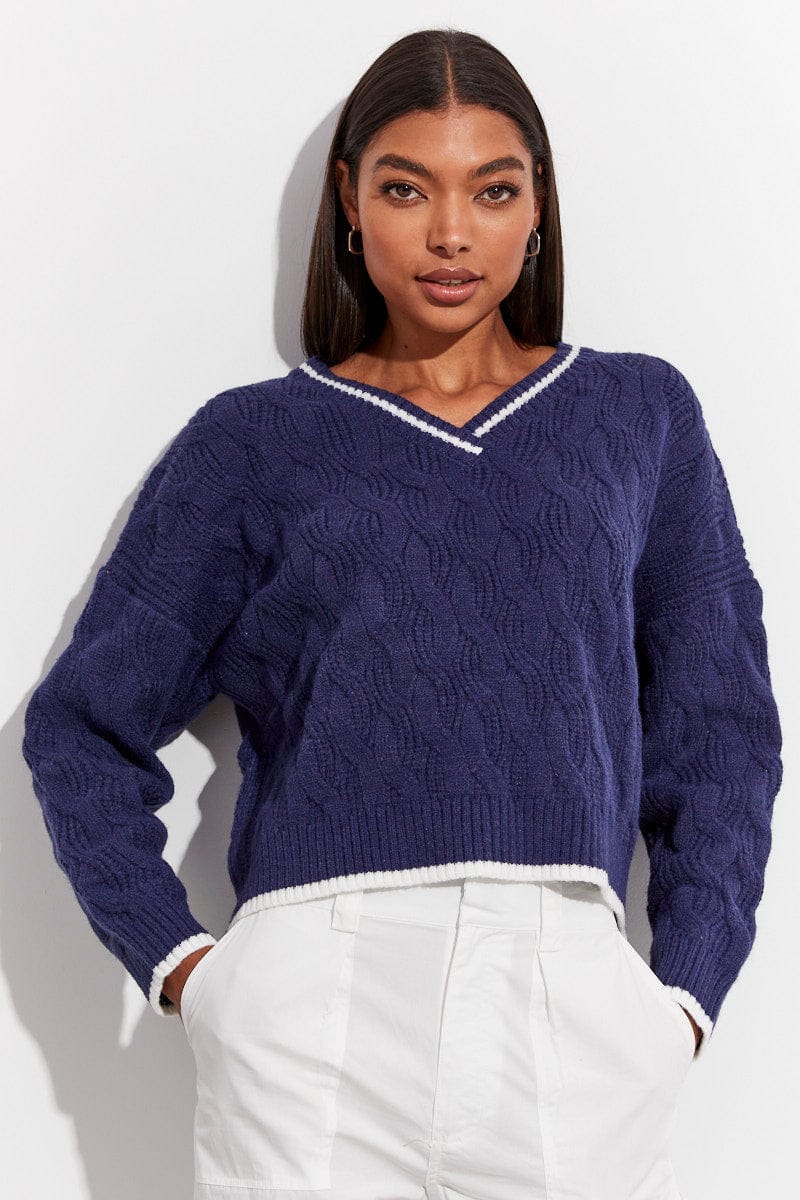 Blue Sweater Long sleeve V neck Ally Fashion