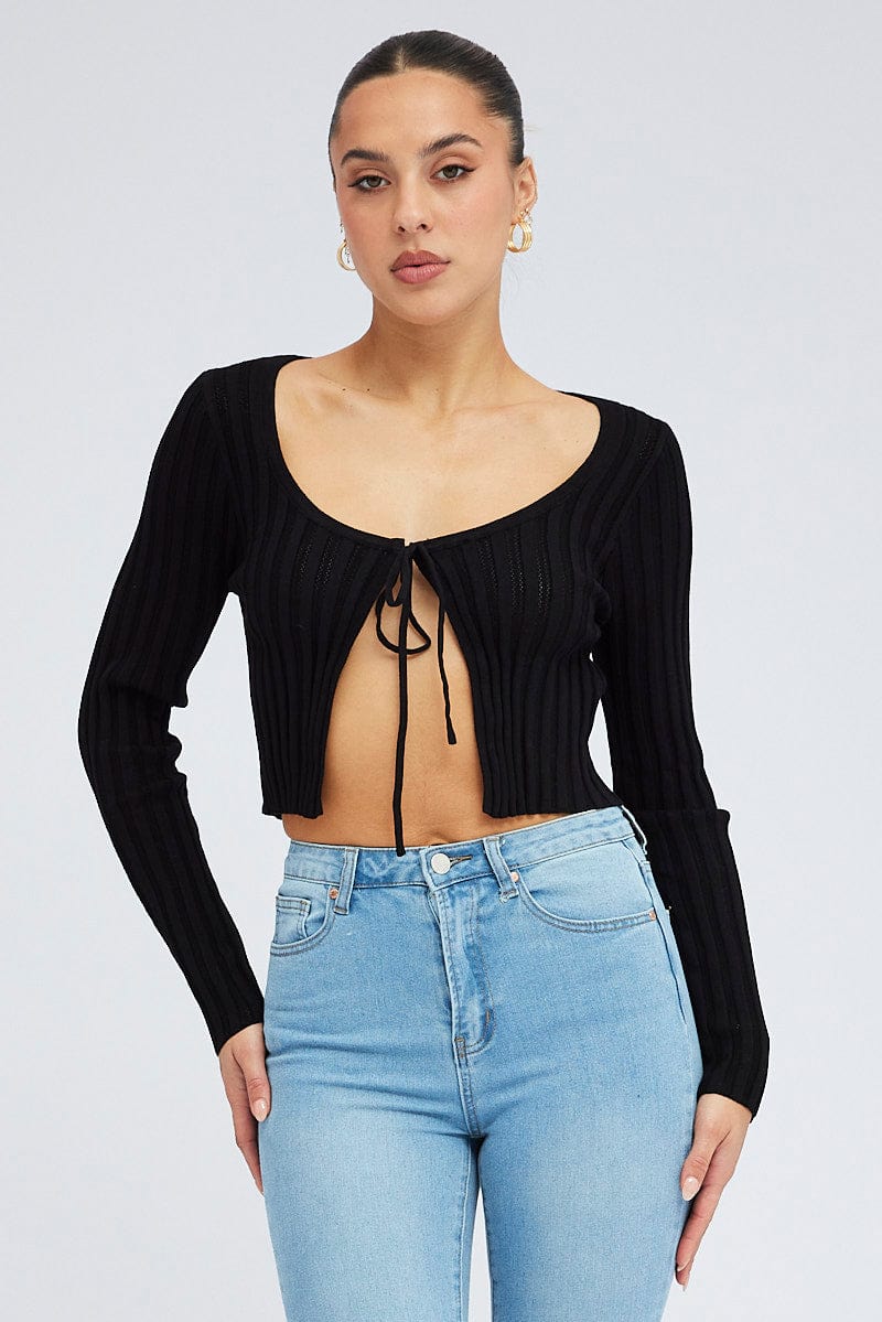 Black Tie Up Cardigan Long Sleeve Scoop Neck Ally Fashion