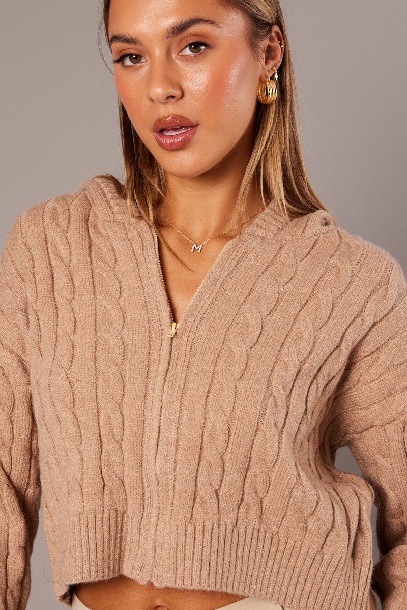 Beige Hooded Cardigan Long Sleeve Cable Knit Zip Up Ally Fashion