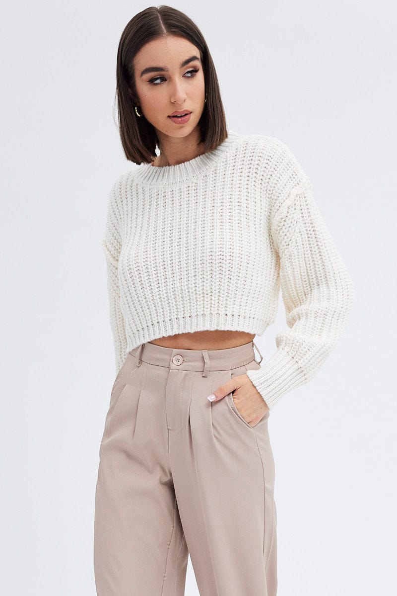 White Knit Top Round Neck Long Sleeve Crop Ally Fashion