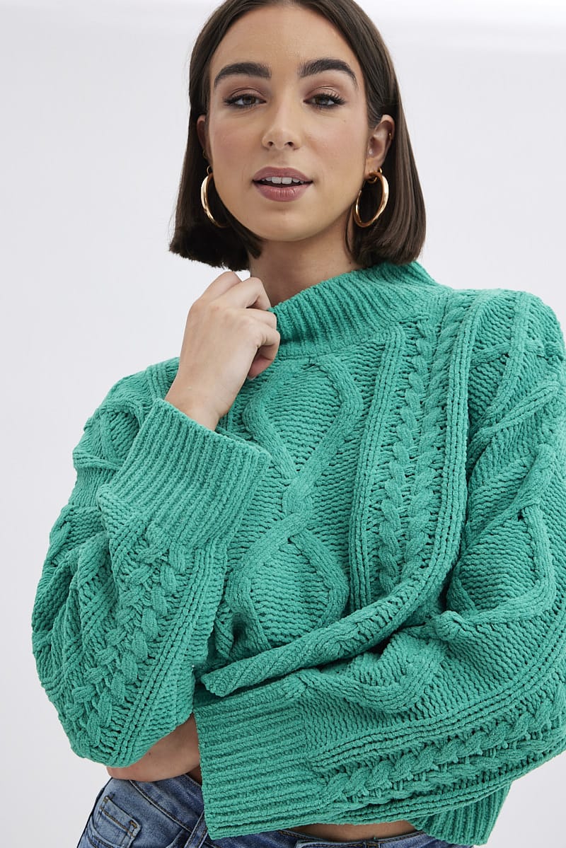 Green Cable Knit Jumper Long Sleeve Ally Fashion