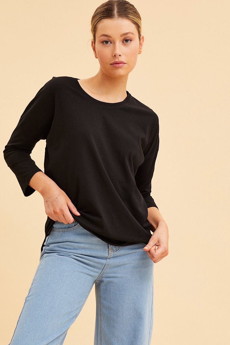 Women's Black Cotton Top 3/4 Sleeve Drop Shoulder Relaxed Fit