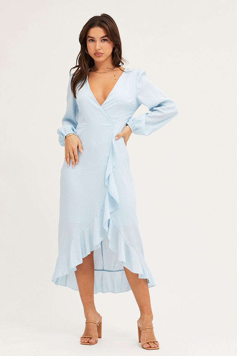 Women's Blue Wrap Midi Dress Ally Fashion