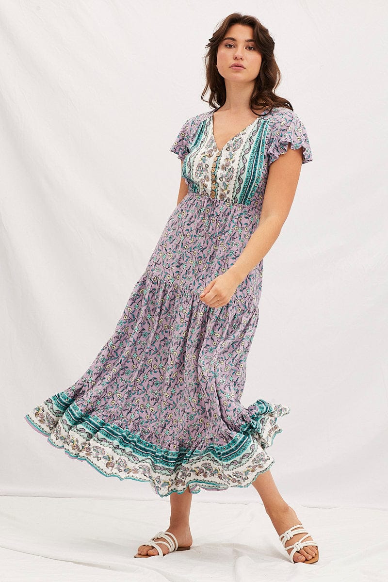 Women's Boho Print V-Neck Short Sleeve Maxi Dress Ally Fashion