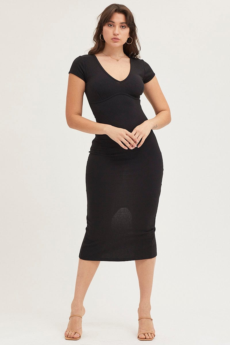 black ribbed midi dress short sleeve Hatch Collection Softest Rib Maternity/Nursing Midi Dress