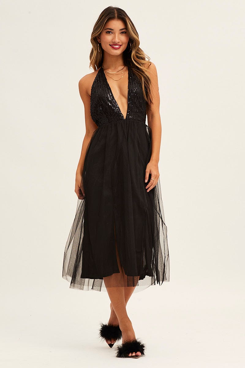 Women's Black Midi Dress Backless V Neck Lace | Ally Fashion Women's Black Midi Dress Backless V Neck Lace | Ally Fashion
