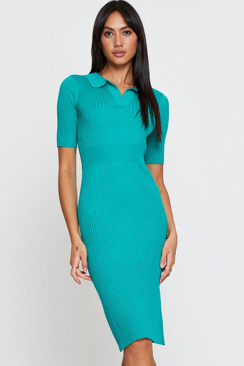 Women's Green Dress Short Sleeve Midi Collared Knit | Ally Fashion Women's Green Dress Short Sleeve Midi Collared Knit | Ally Fashion