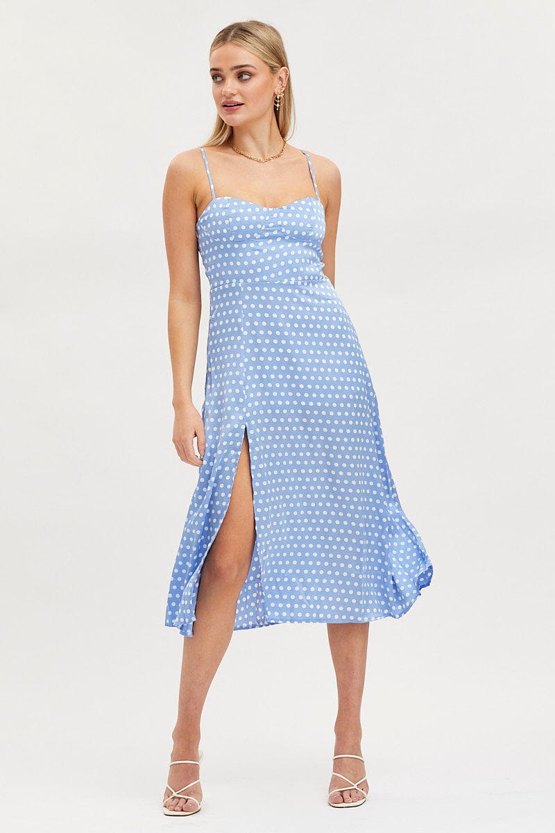 Women's Polka Dot Midi Dress Sleeveless Sweetheart Neckline Ally