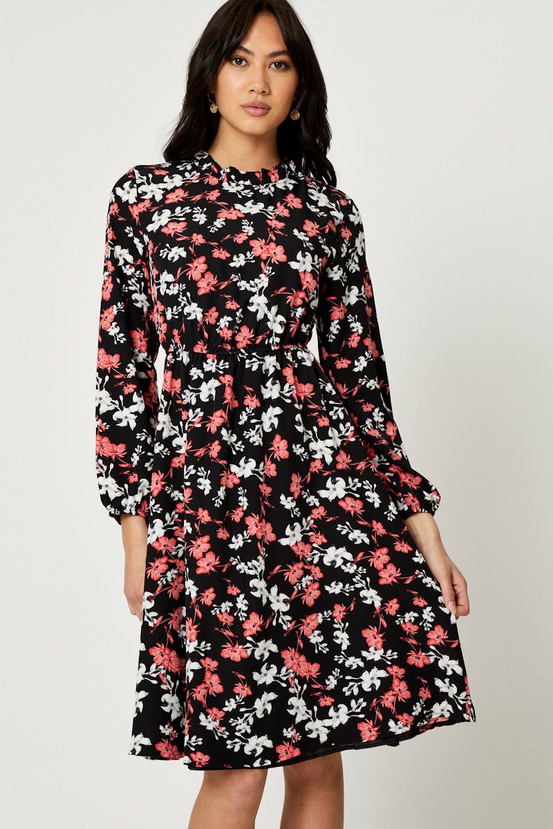 Women's Print High Neck Floral Midi Dress Ally Fashion