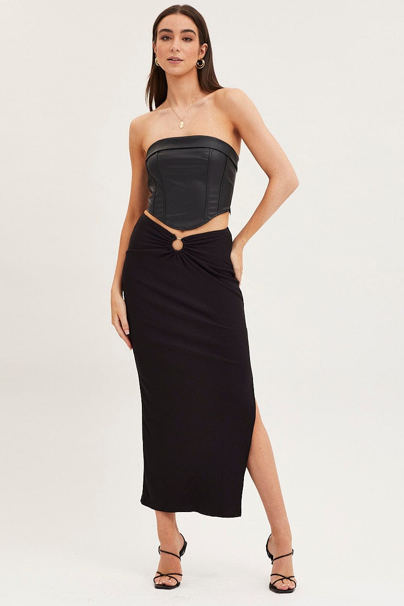Women's Black Maxi Skirt High Rise Ring Detial Rib Jersey Ally