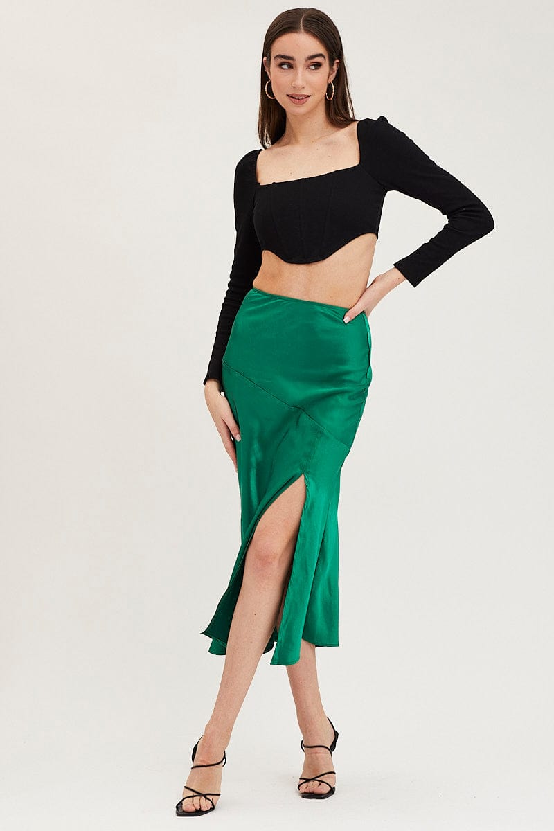 Women's Green Slip Skirt Front Split Satin Ally Fashion