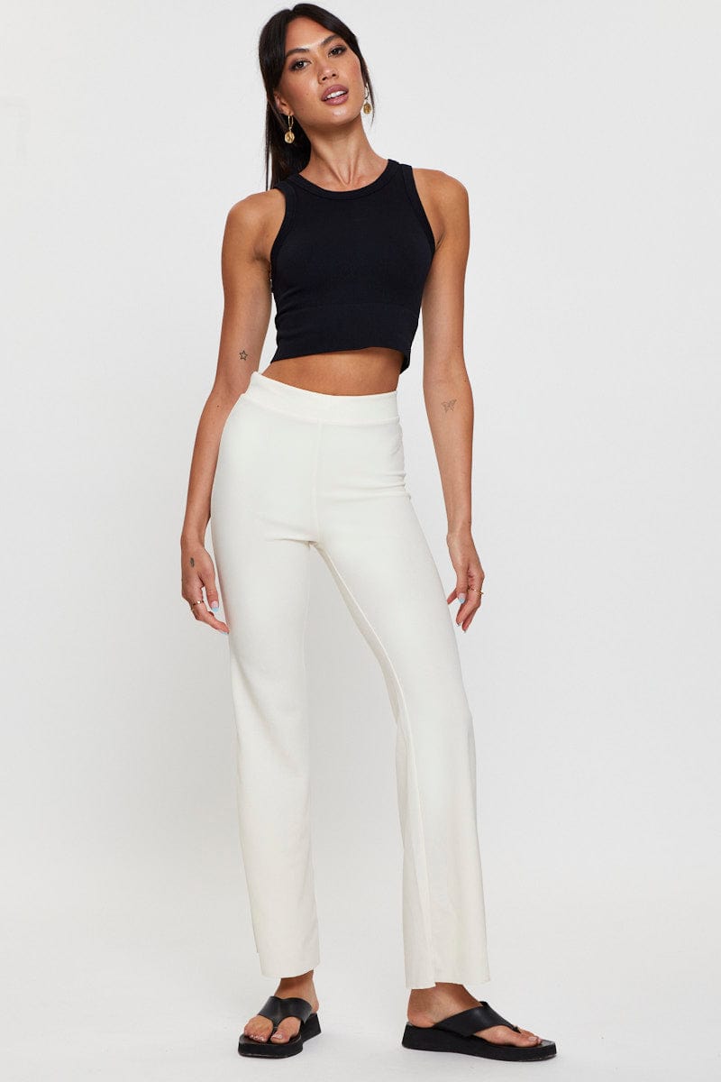 2023 Women High Waist Hollow Out White Flare Pants Ribbed Sexy