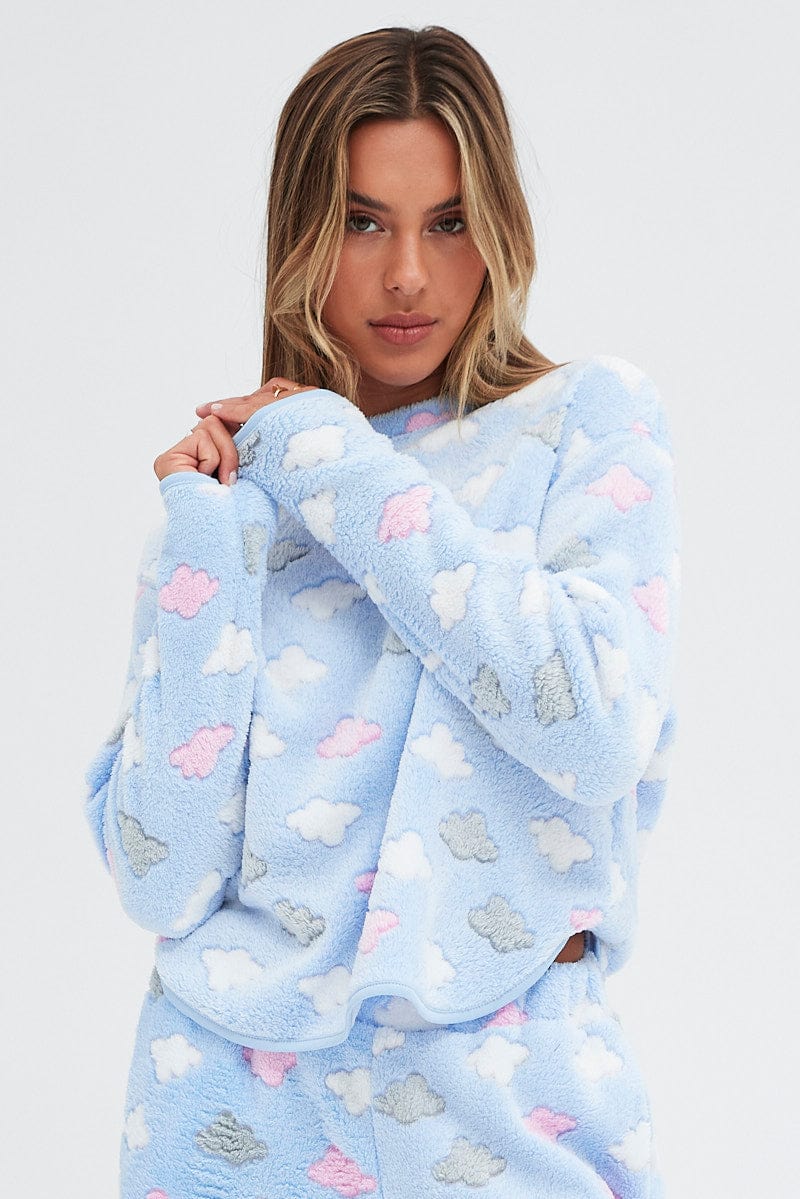 Blue Print Fluffy PJ Cloud Print Cosy Pyjama Set