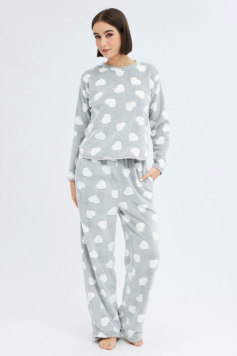 Grey Print Fluffy Pj Mint Cloud Print Cosy Pyjama Set
